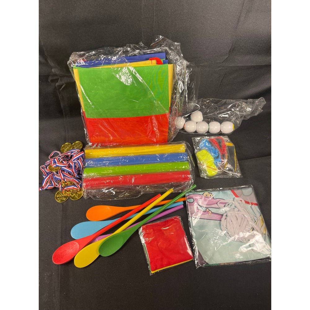 Outdoor Field Day Games Set Potato Sack Race Egg Spoon 3-Legged Race Medals NEW